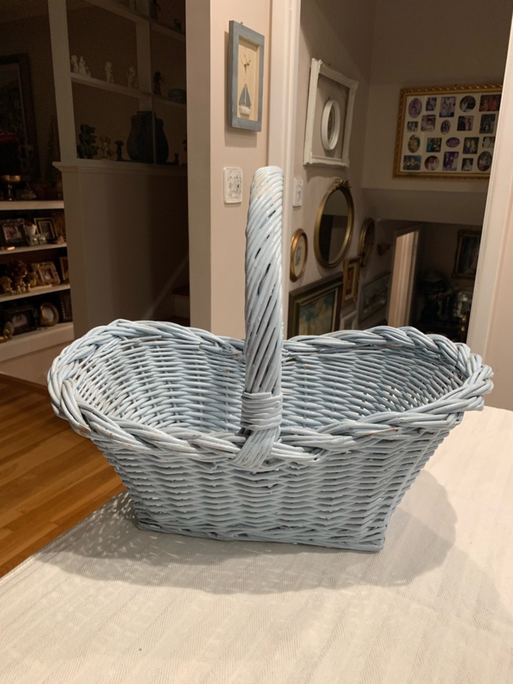 Vintage Light Blue painted Wicker Basket with Handle